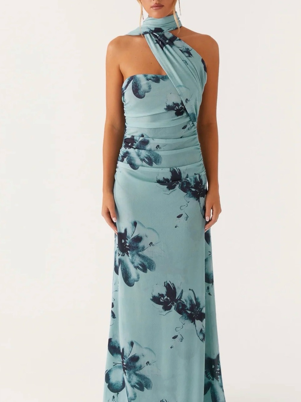 Songbird Asymmetric Halter Floral Maxi Dress in Light Blue - Pepper Mayo